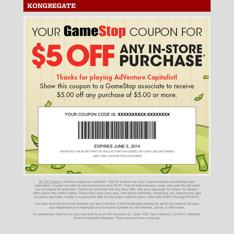 AdVenture Capitalist $5 GameStop coupon promotion coupon email