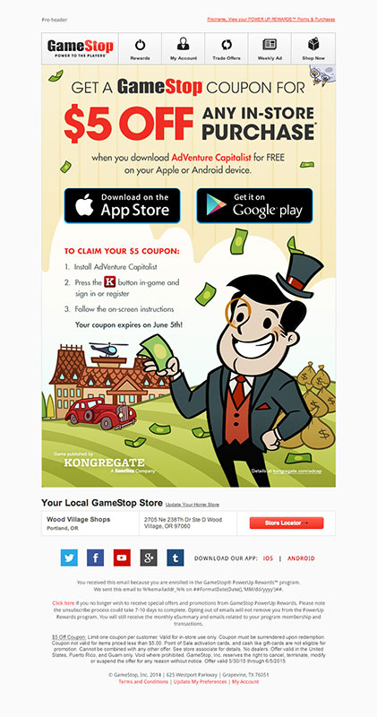 AdVenture Capitalist $5 GameStop coupon promotion GameStop email