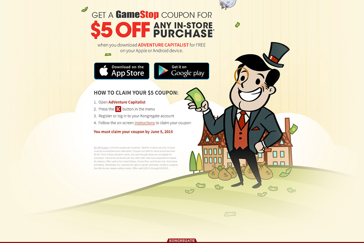 AdVenture Capitalist $5 GameStop coupon promotion landing page