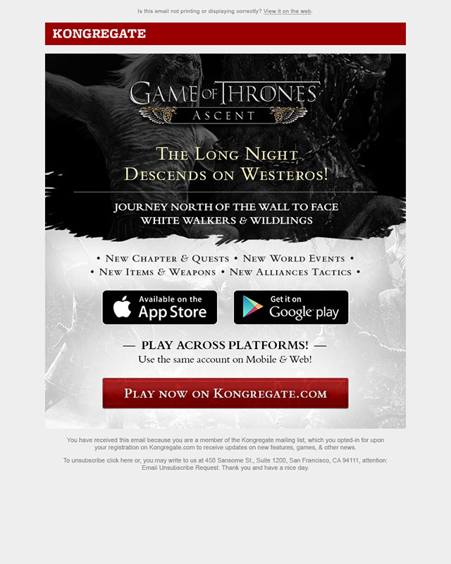 Game of Thrones Ascent: The Long Night sweepstakes email
