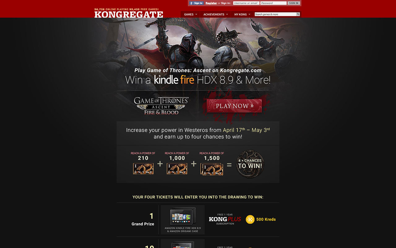 Game of Thrones Ascent: Blood and Fire sweepstakes landing page